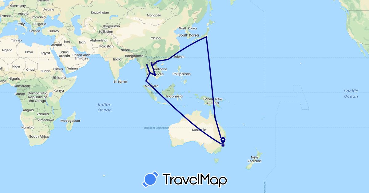 TravelMap itinerary: driving in Australia, China, Japan, Cambodia, Laos, Thailand, Vietnam (Asia, Oceania)